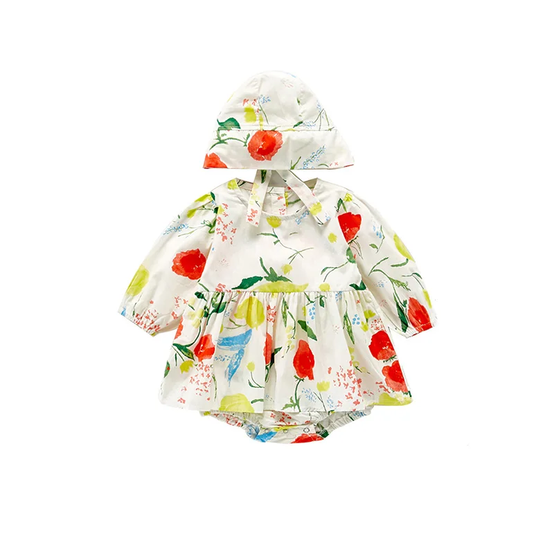 

MILANCEL 2020 autumn baby bodysuit big flower print infant girl jumpsuit long sleeve baby outerwear and hat