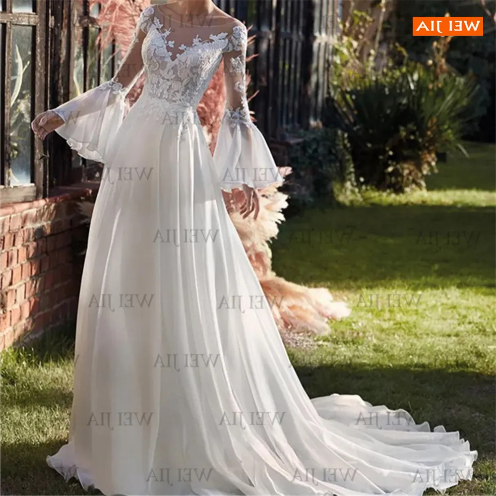 

Boho White Wedding Dresses 2021 A Line Backless Vestido De Noiva Chiffon Appliques Lace Bride Gowns Custom Made robe de mariée