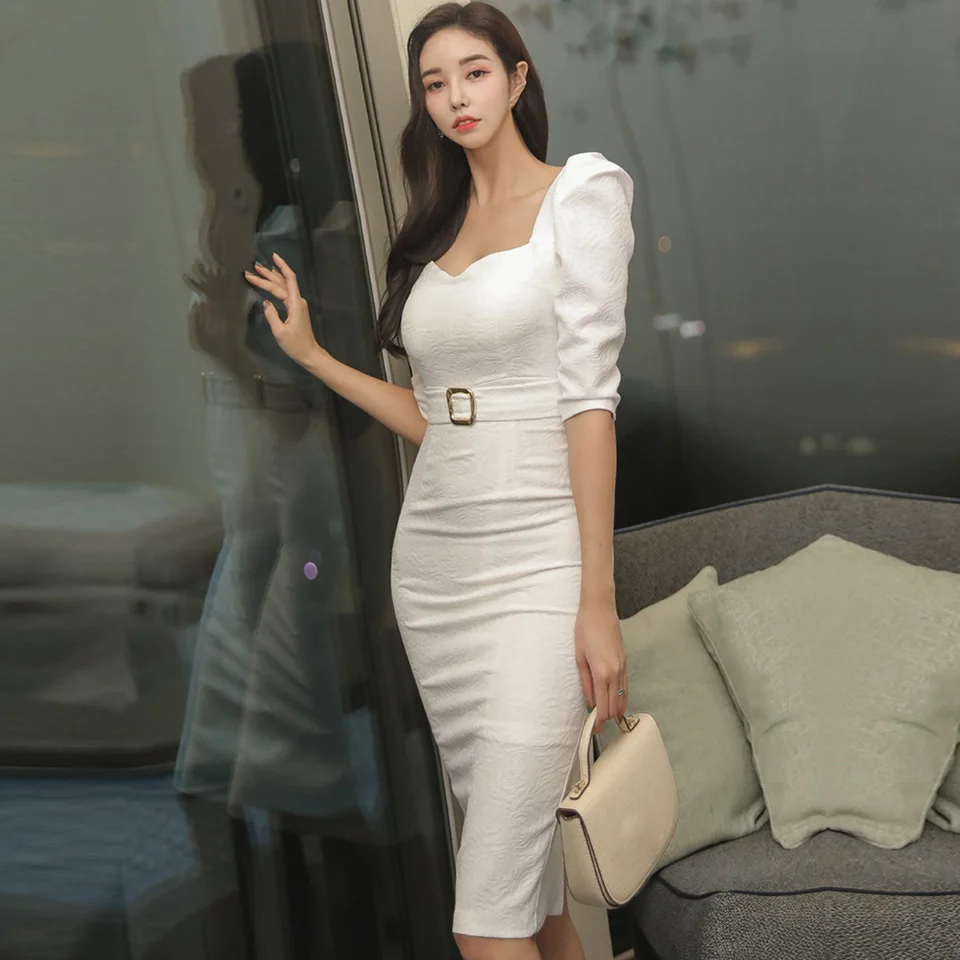 White Professional Office Women's Dresses 2022 Spring Temperament Square Neck Puff Half Sleeve High Waist Tight Elegant OL Dress | Женская