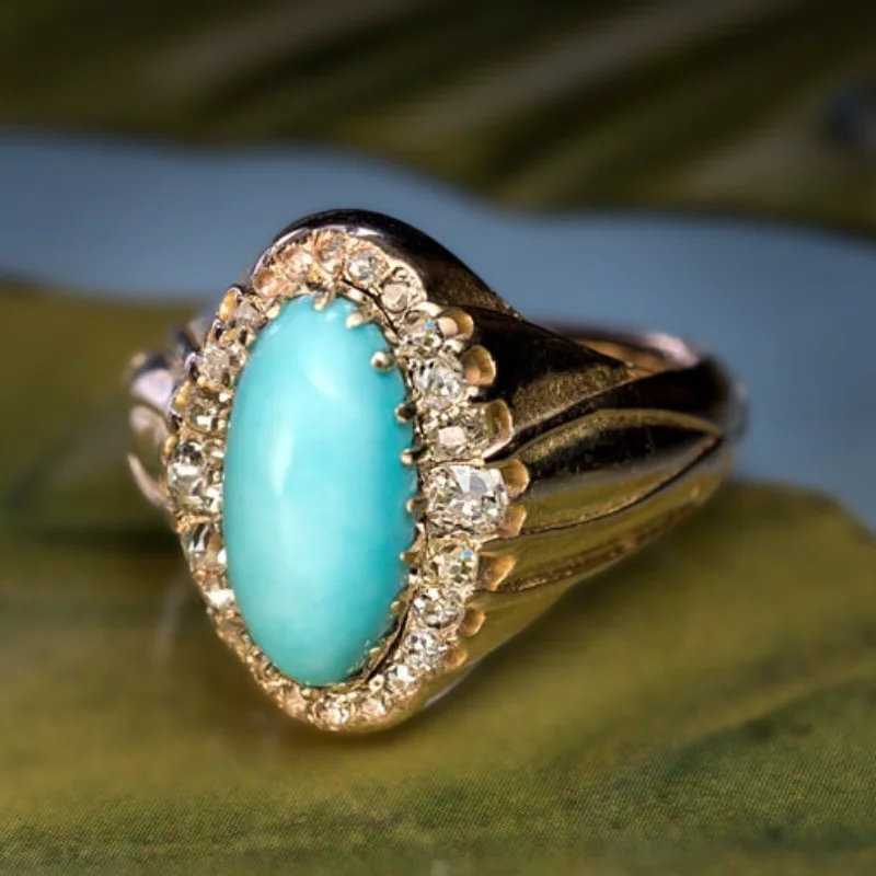 

Turquoise Engagement Ring Vintage Oval Cut Turquoise Ring Gold Ring Art Deco Moissanite Ring Unique Bridal Anniversary Ring
