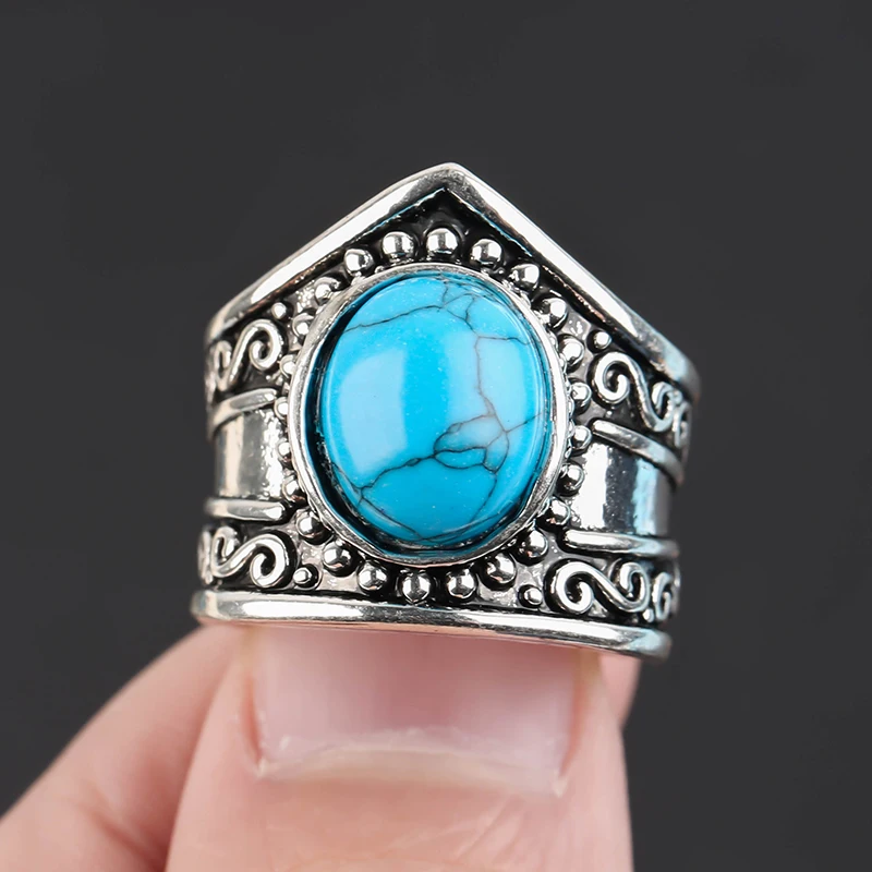 

Rings Party Charm Jewelry Couples Gift Vintage Oval Natural Turquoises Rings for Women Men Bohemian Ethnic Chunky Finger