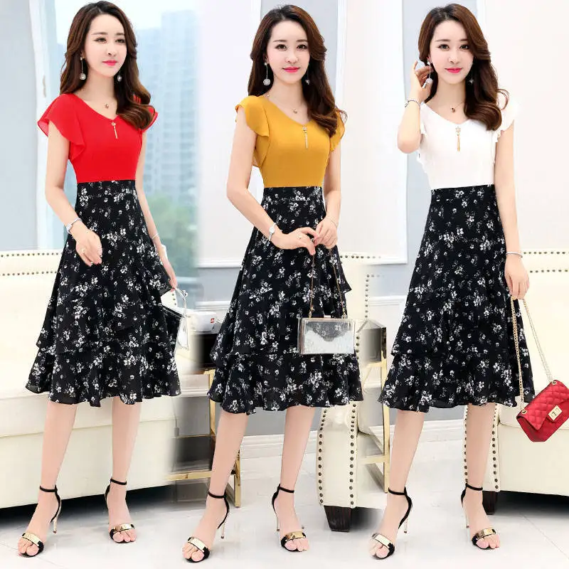 

Women's Spring Summer Style Women's Dress O-Neck Ruffled Slim A-Line Thin section Chiffon Temperament Ladies Dress SS3154