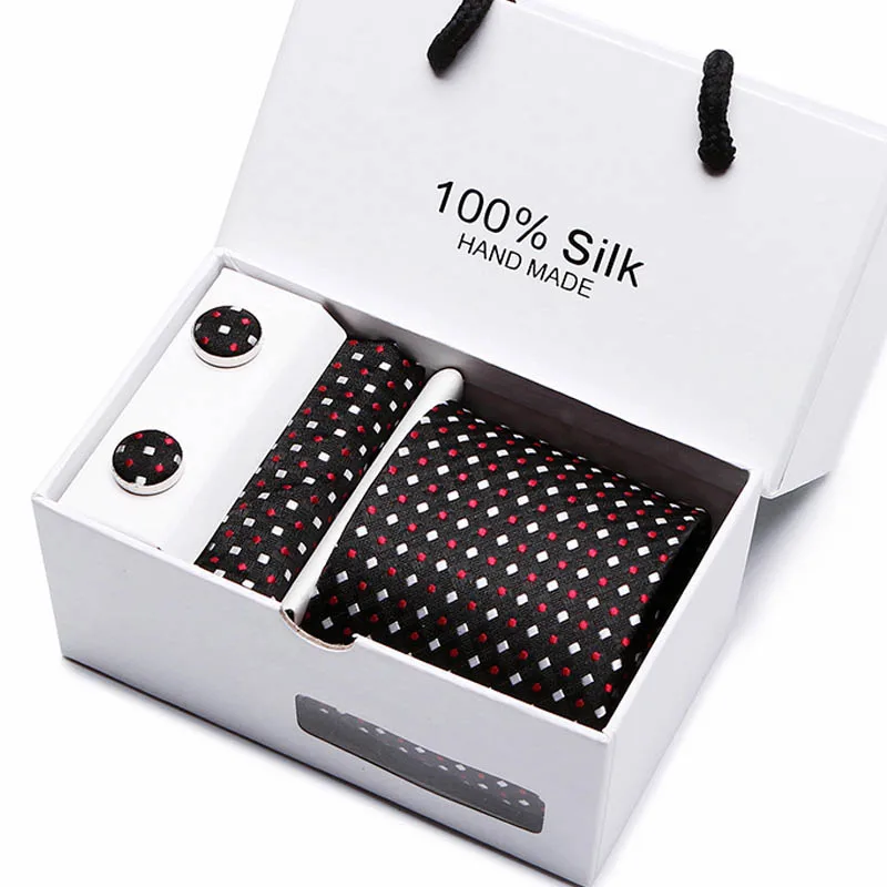 

Top grade Silk Holiday Gift Woven Tie Pocket Squares Cufflink Set Necktie Box Man Gray Dot Wedding Accessories Fit Group