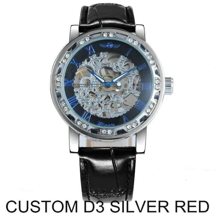 D3 SILVER RED WINNER официальный бренд роскошные часы мужские Скелет механические часы Кристалл Iced Out Кожаный ремешок наручные часы подарок для влюбленных - Цвет: D3 SILVER RED