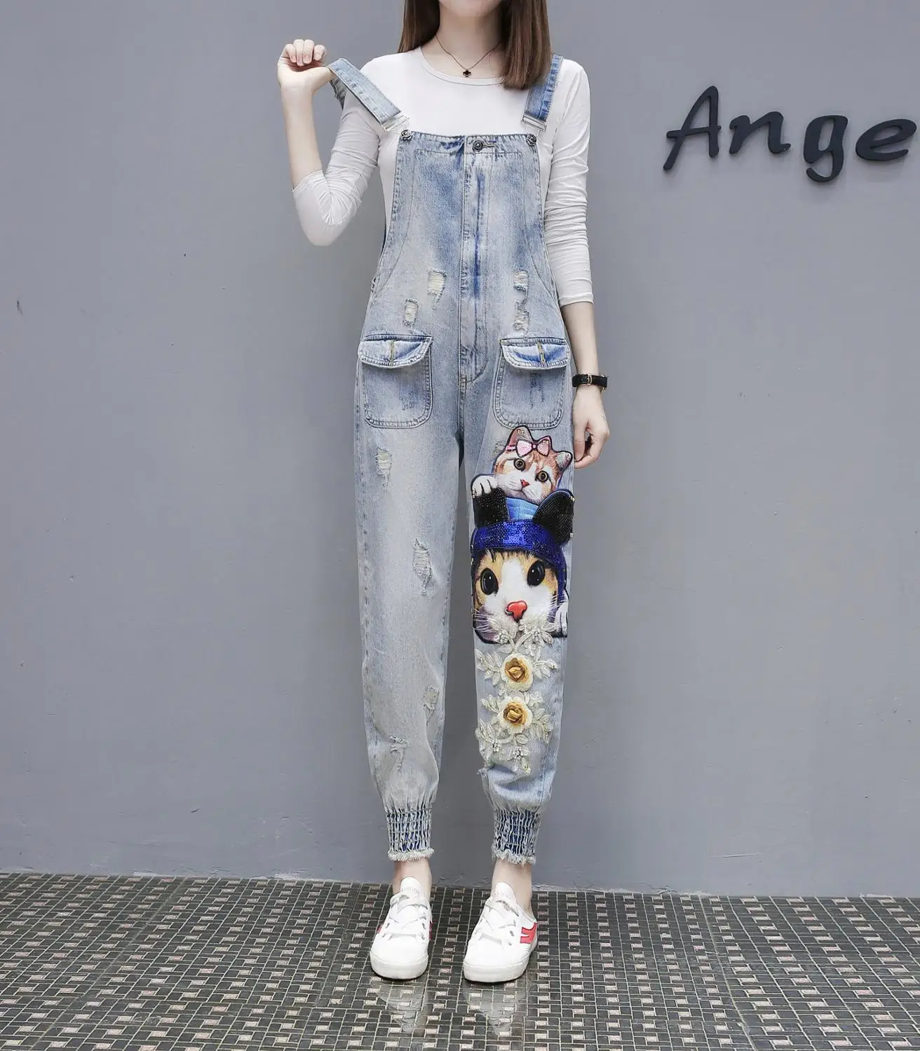Pattern 2 Женские джинсовые комбинезоны с рисунком кота из мультфильма, комбинезоны, новые свободные джинсовые штаны с дырками, Женские повседневные длинные штаны - Цвет: Pattern 2