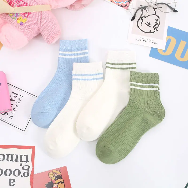 

Sfree 4Pairs Striped Socks Female Ins Tide Tube Socks Korean Version of The Wild Cute Japanese Parallel Bars Solid Color Cotton