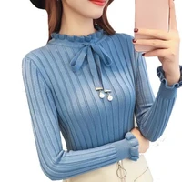 2021 autumn women korean style bowknot ruffled knitted sweater fashion sweet pullover turtleneck slim long sleeve top female