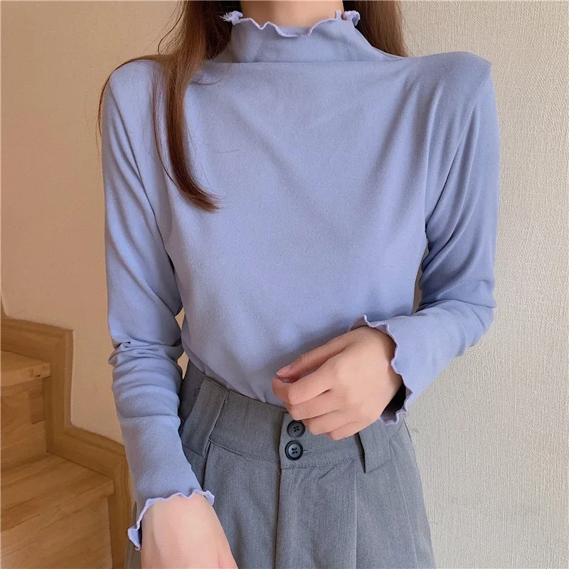 

Spring and Autumn Women's Long Sleeve Knitted Turtleneck Cotton T-shirt with Wooden Ears gray