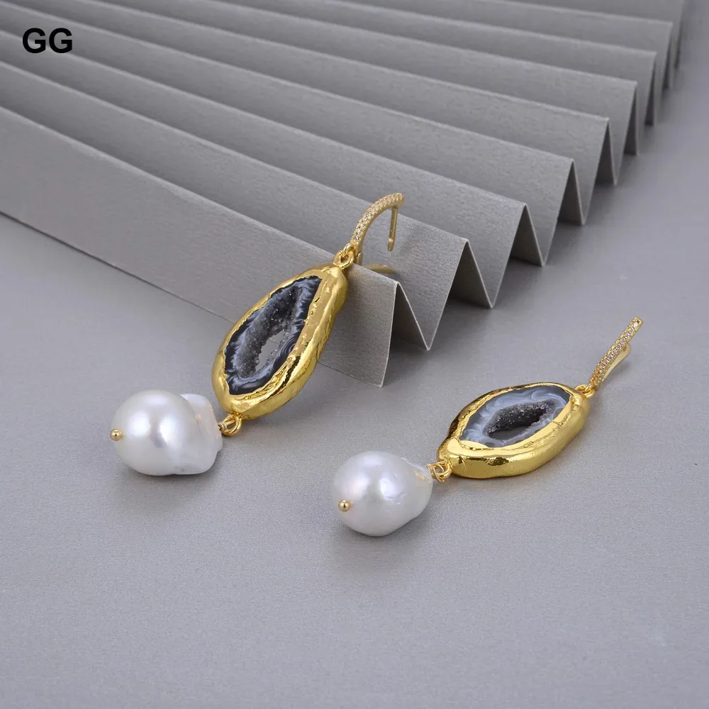 

GuaiGuai Jewelry Natural Freshwater Cultured White Keshi Pearl Gold Plated Quartz Agates CZ Hook Earrings Vintage For Women
