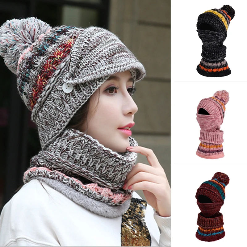 Зимняя теплая вязаная шапка шарф Набор для женщин s шляпа Толстая флисовая подкладка зимняя Skullies Bonnet мужчин