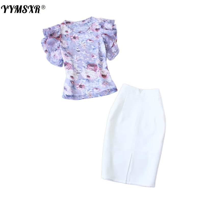 2022 High-quality Summer New Style Purple Chiffon Thin Short-sleeved Small Shirt Top + White Package Hip Skirt 2-piece Set