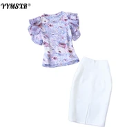 2022 high quality summer new style purple chiffon thin short sleeved small shirt top white package hip skirt 2 piece set