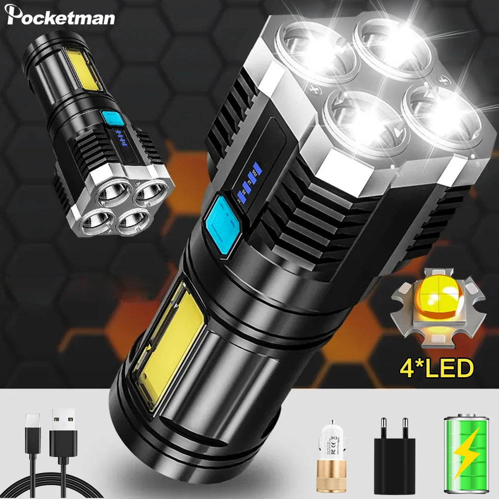 

LED Flashlights 4 LED+ Side Light 4 Modes Flashlight Waterproof USB Rechargeable Torch Built-in Battery Longe Range Flashlight