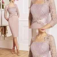 pink mother of the bride dress elegant wedding party gown square neck knee length lace appliques 2022 robe de soriee