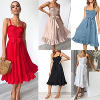 aecu 2020 spring and summer dress female fashion wild straps ruffled lace up womens dress party dress