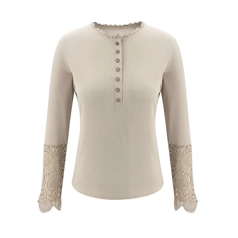 

Ladies Patchwork Lace Pullover T-shirt 2021 Spring Fashion O-Neck Solid Color Sexy Hollow Button Top Ladies Plus Size T-shirt