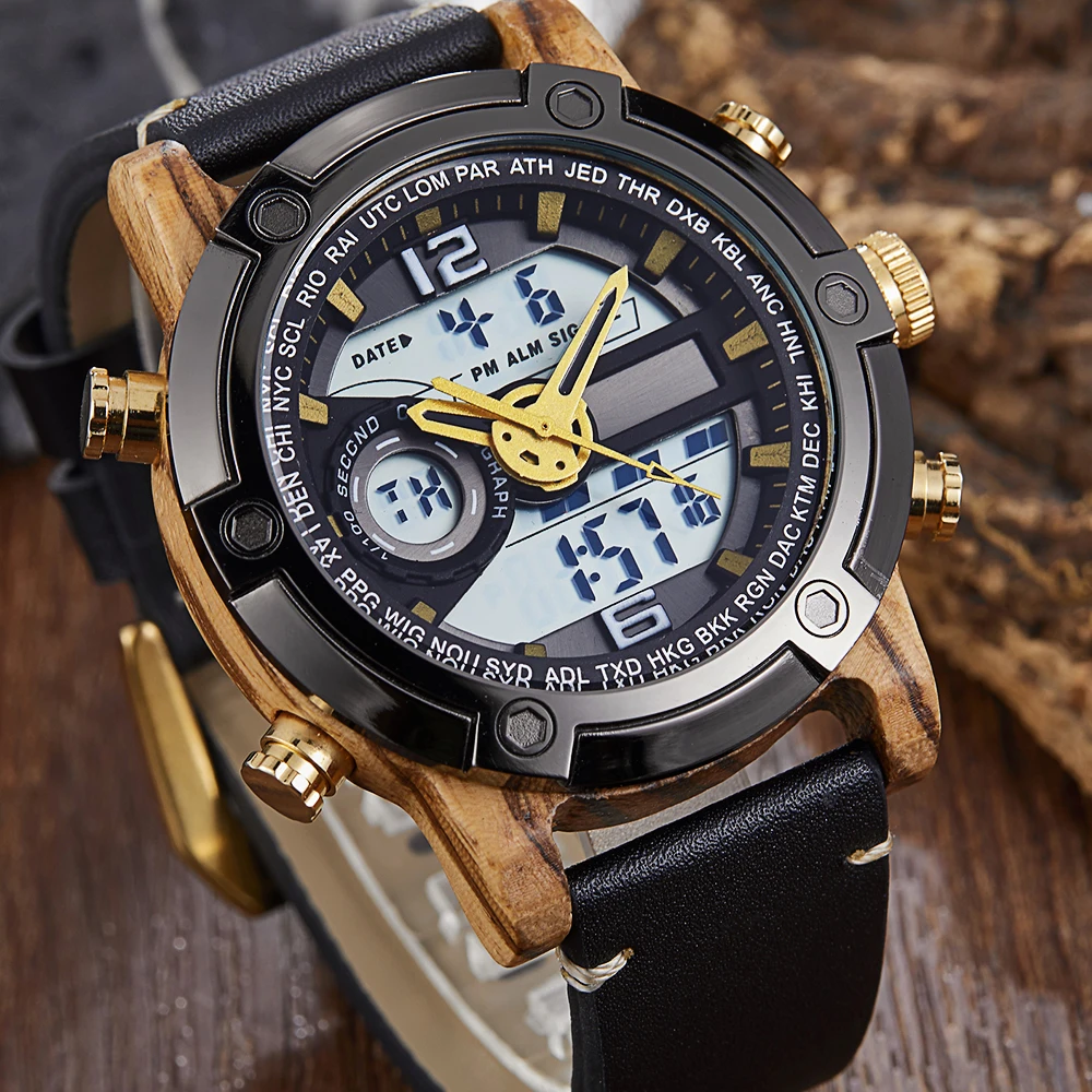 Светодиодные цифровые часы мужские деревянные наручные модные