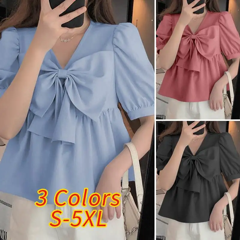 

Women Elegant Shirts 2021 VONDA Casual Puff Sleeve Solid Color Pleated Tops V Neck Bow Neck Ruffled Blouse Blusas Femininas