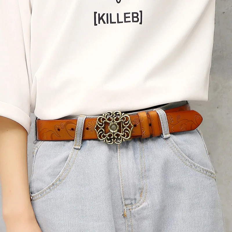 Brand Women Belt Designer Genuine Leather Vintage Carved Flower Strap Girls Ladies' Belts For Jeans Smooth Buckle Accessories