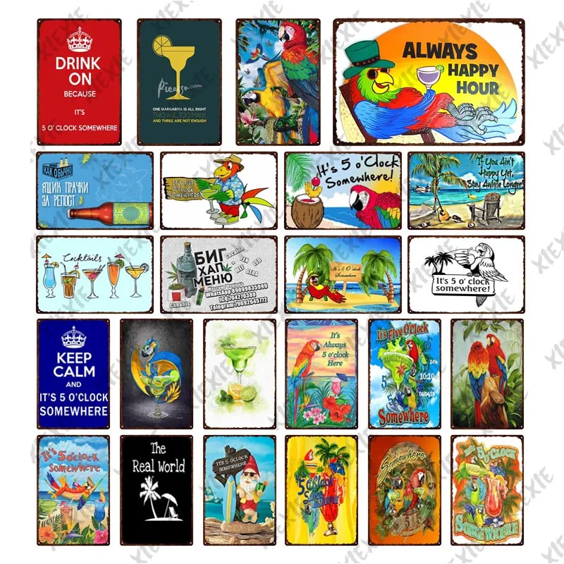 Пляжные летние Коктейльные жестяные знаки кокосовый попугай металлическая