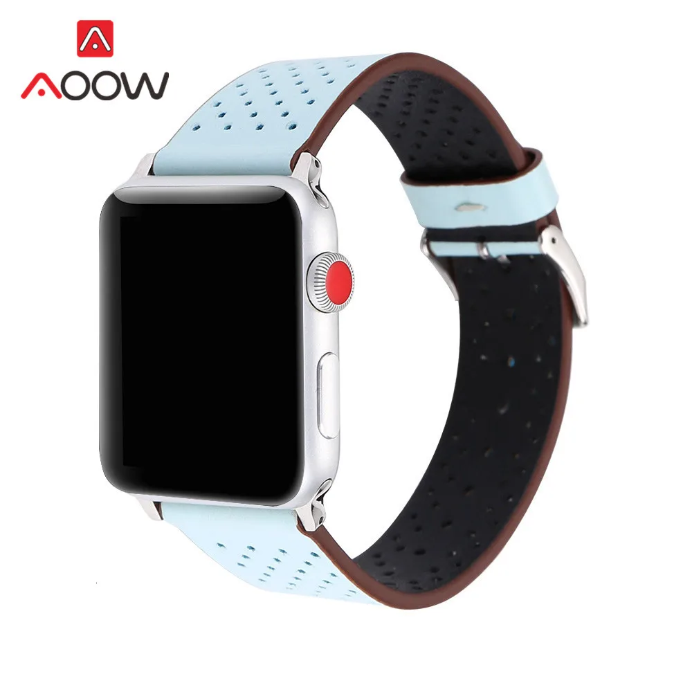 Ремешок для часов из натуральной кожи для Apple Watch, 38 мм, 42 мм, дышащий ремешок для мужчин и женщин, ремешок для iwatch 1, 2, 3, 4
