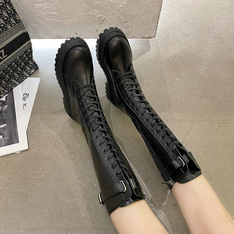 

HKXN 2021 Autumn Winter New Women Thick Knee-length Knee-high Boots Lace-up Fashion Punk Boots Zipper Round Toe High Boots T