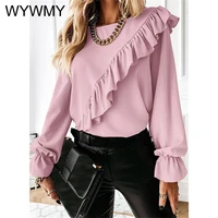 wywmy irregular chiffon shirt women long sleeve flounce pleated blouse female chic elegant ruffles shirts tunic pink tops ladies
