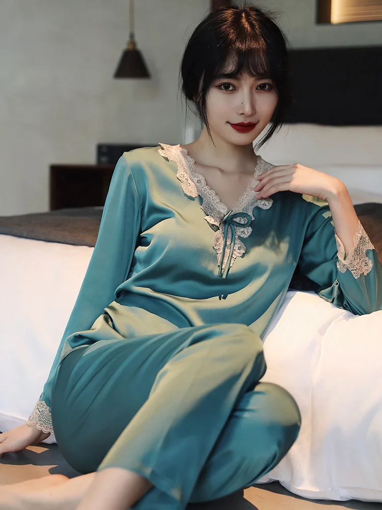 

Harajpee Women Pajama 2021 Spring Autumn Ladies French Sweet Sexy Alluring Style Lace V-Neck Solid Color Ice Silk Home Wear Suit