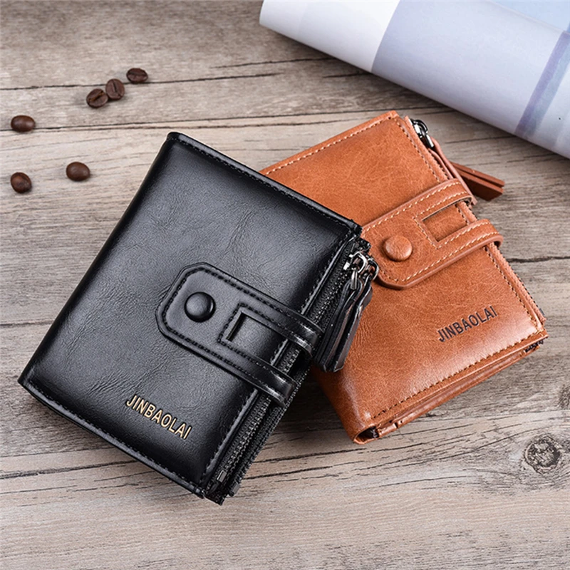 

Men Wallets Leather Double Zipper Card Holder Short Male Purse Coin Pocket Vintage Brand High Quailty Men Wallets