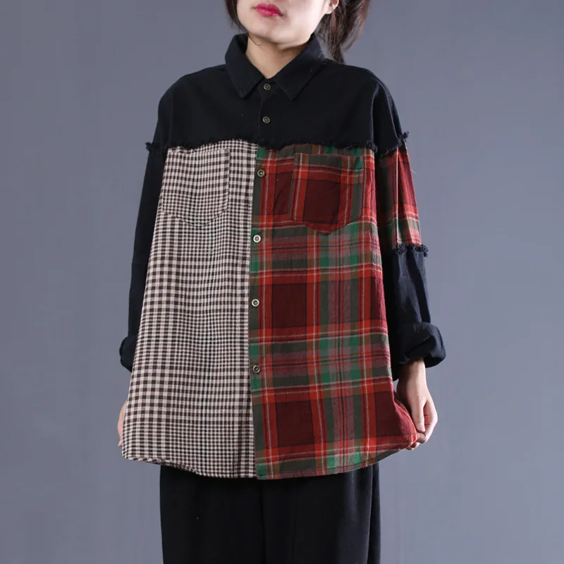 Осенняя блузка Ретро большого размера свободная Женская Повседневная рубашка 2019