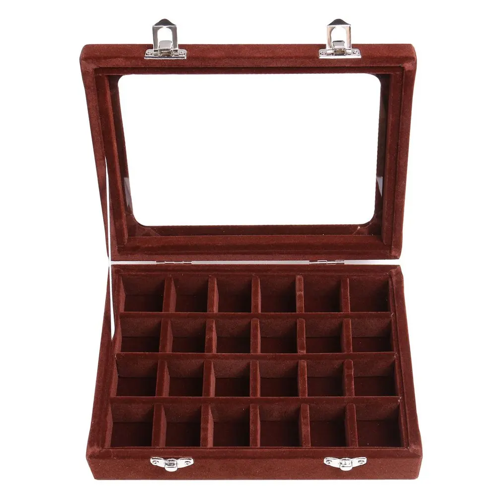 

24 Grids Velvet Glass Jewellery Ring Display Organiser Box Earrings Storage Holder Jewellery Display Box