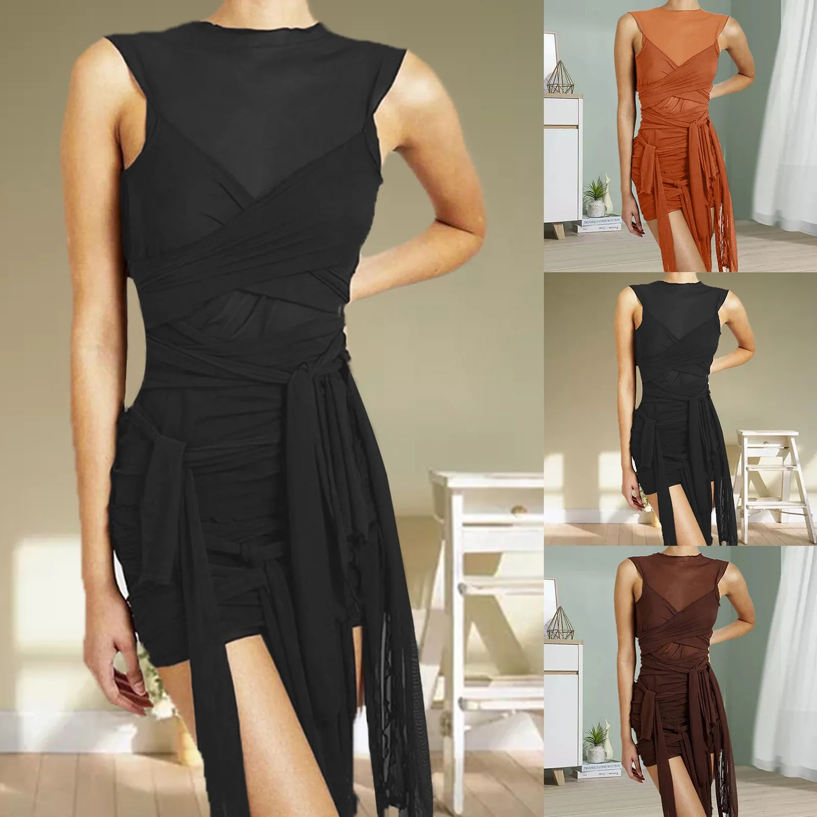 

Ribbons Mesh See Through Bodycon Party Dresses Women Sexy Clubwear Mini Dress Solid Sleeveless Hip Robe Female платье #YY