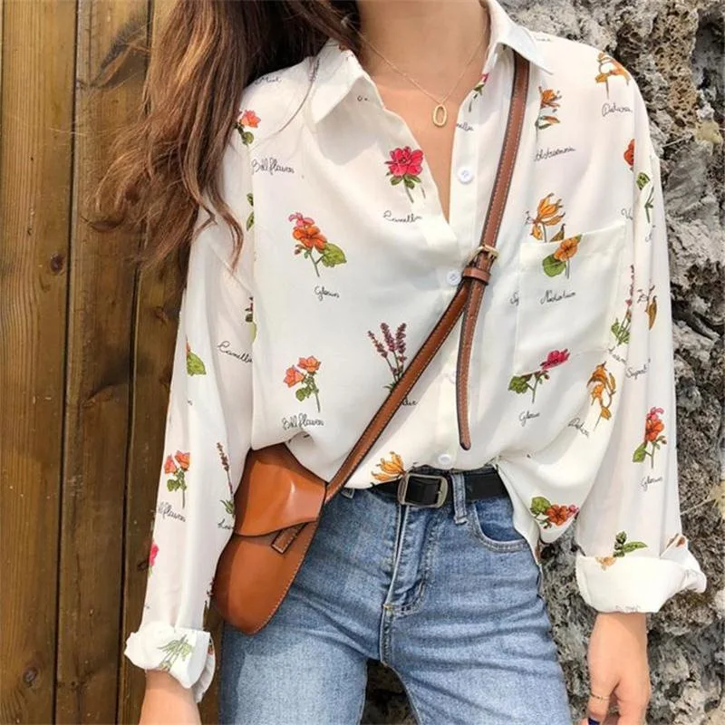 

Fashion Floral Printed Blouses Tops Women Casual Long-sleeved Shirt Flower Blouse Loose White Shirts