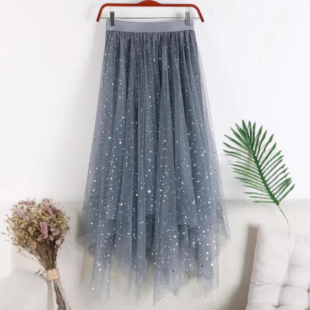 

Asymmetrical Skirts Womens Autumn Winter Warm High Waist Bling Sequins Tulle Irregular Ruffle Velvet Long Skirts Female