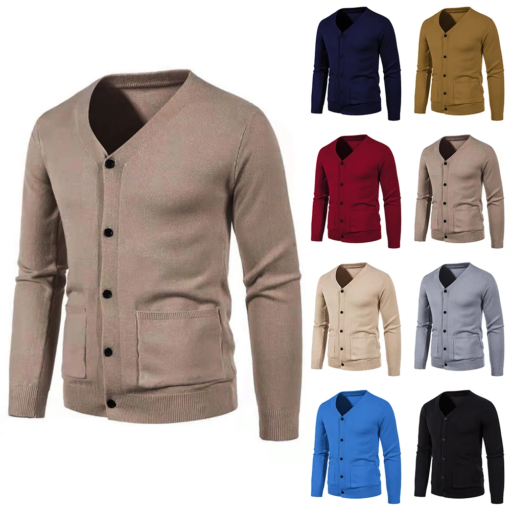 

Knit V Neck Cardigans Sweater Simple Buttons Pockets Solid Casual Jumpers Sweaters Warm Button Long Sleeve Tops Men's Clothing