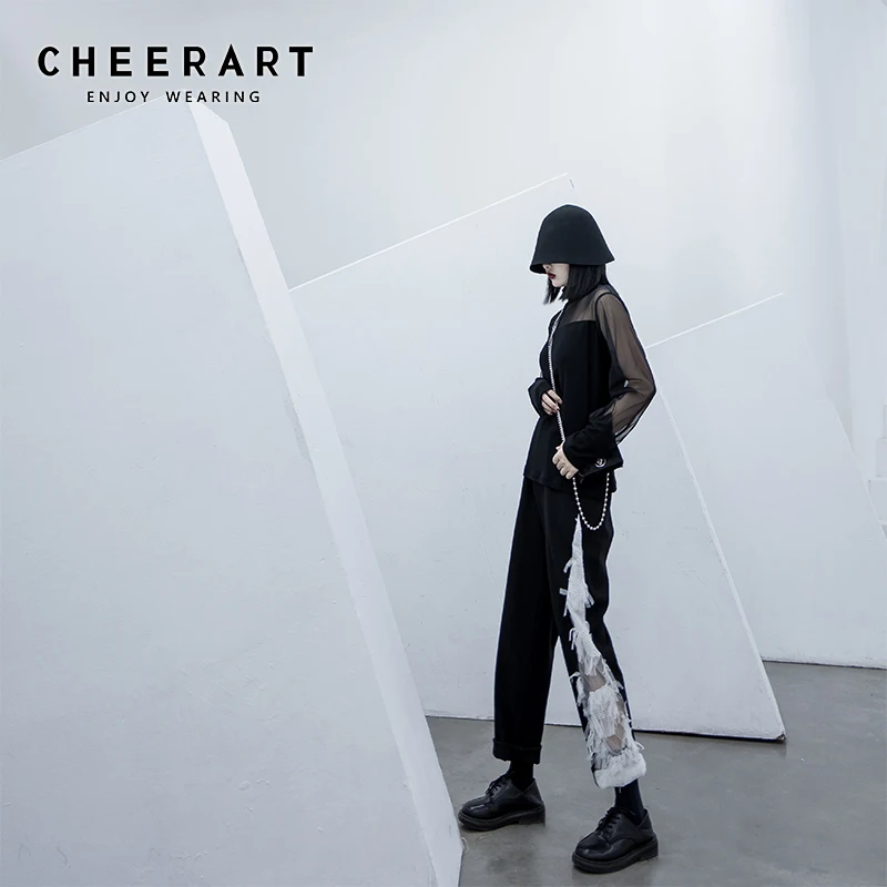Черные длинные брюки CHEERART женские сетчатые Лоскутные эластичные с перьями