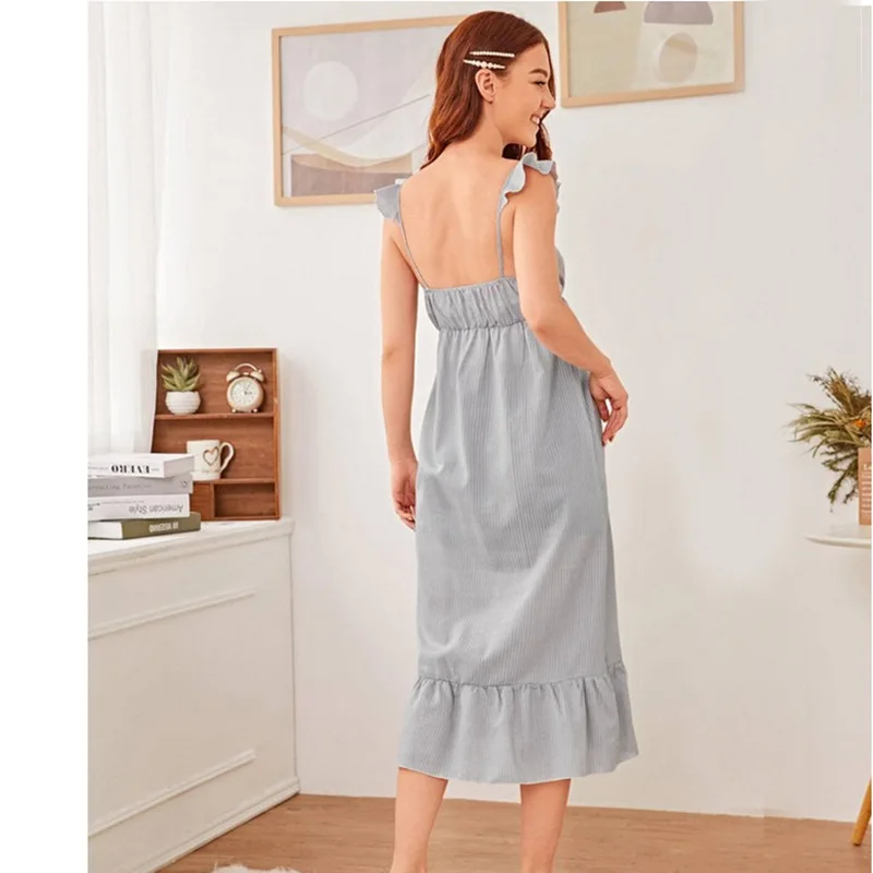 Fresh Princess Retro Palace Sexy Nightdress  Cotton Hemp Grey Sling Gown Summer Women's Nightwear Home Wear Sleepwear