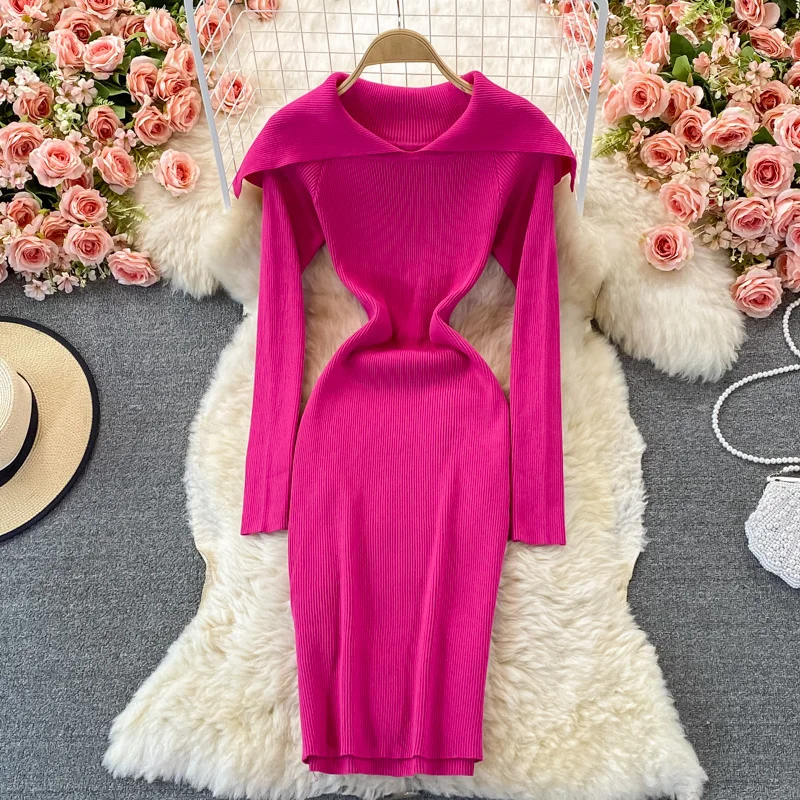 

Knit Sweater Dress Women 2021 Autumn New Turn Down Collar Long Sleeve Slim Elastic Bodycon Dress Female Bottom Dress Vestidos