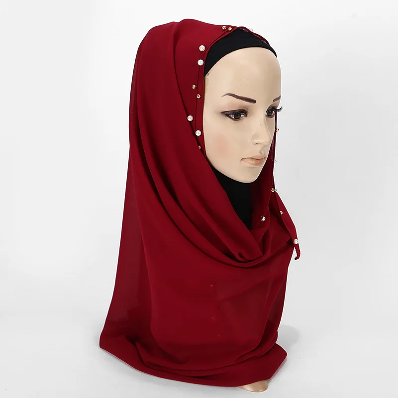 women pearl bubble chiffon scarf Head hijab wrap full cover-up shawls foulard femme headscarf crinkle muslim hijabs stole