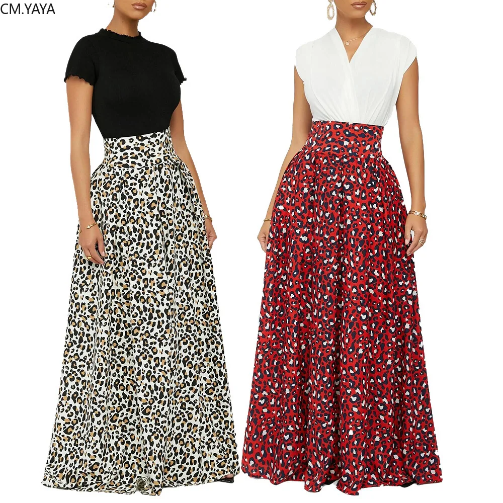 

CM.YAYA Women Leopard Print High Waist Women Vintage Floor Length Skirts Night Party Beach Maxi Long Skirt