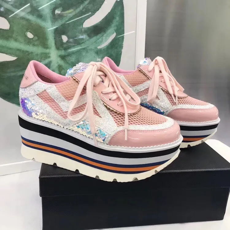 

Women's Summer Breathable Mesh Shoes Thick Soled Casual Chunky Shoes Street Fashion Sneakers High Platform Sequin Pink Lady 2022