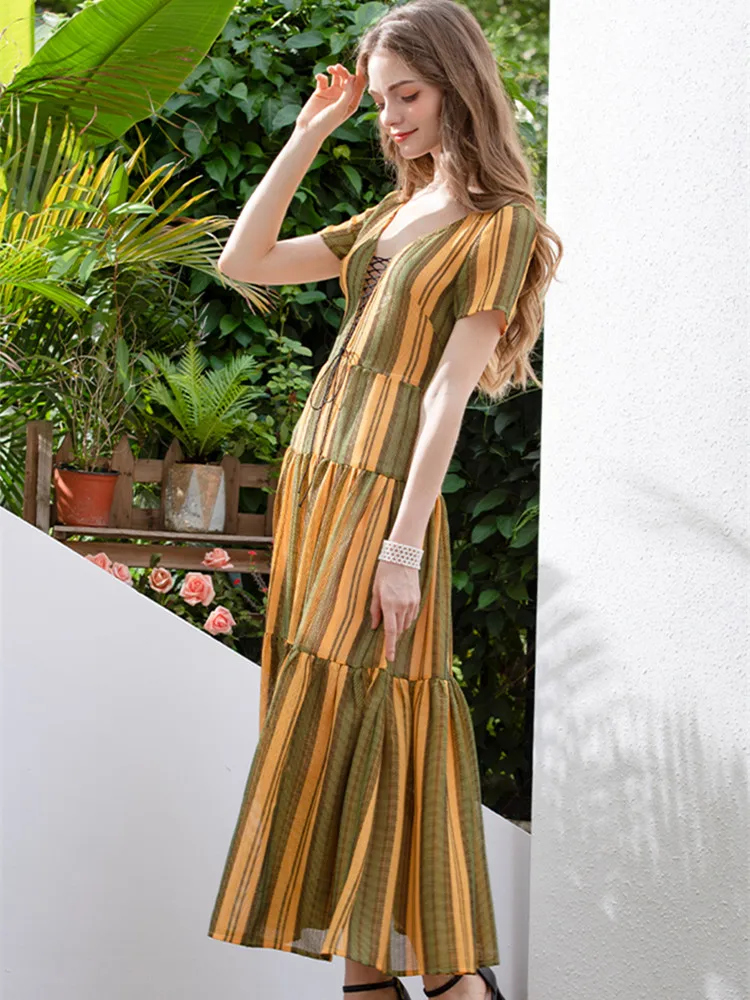 

Drawstring Fishtail Stripe Dress Summer Palace Style Niche Folds French Retro New High Waist V-neck A-line Skirt