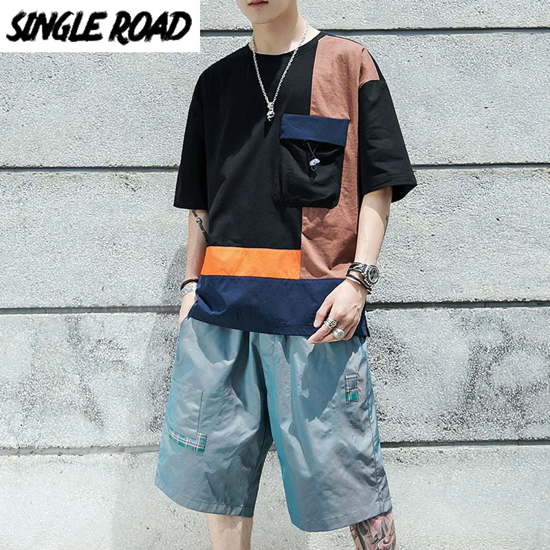 Мужской спортивный костюм SingleRoad летняя уличная одежда в стиле пэчворк футболка и