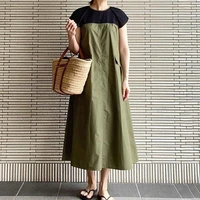 fashion women long dress summer casual plain korean japanese fashion patchwork femme vestiods a line dress high waist maxi dress