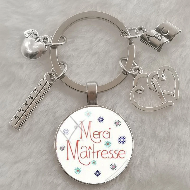 Fashion merci maitresse French word 25 mm glass cabochon dome DIY jewelry making keychain | Key Chains