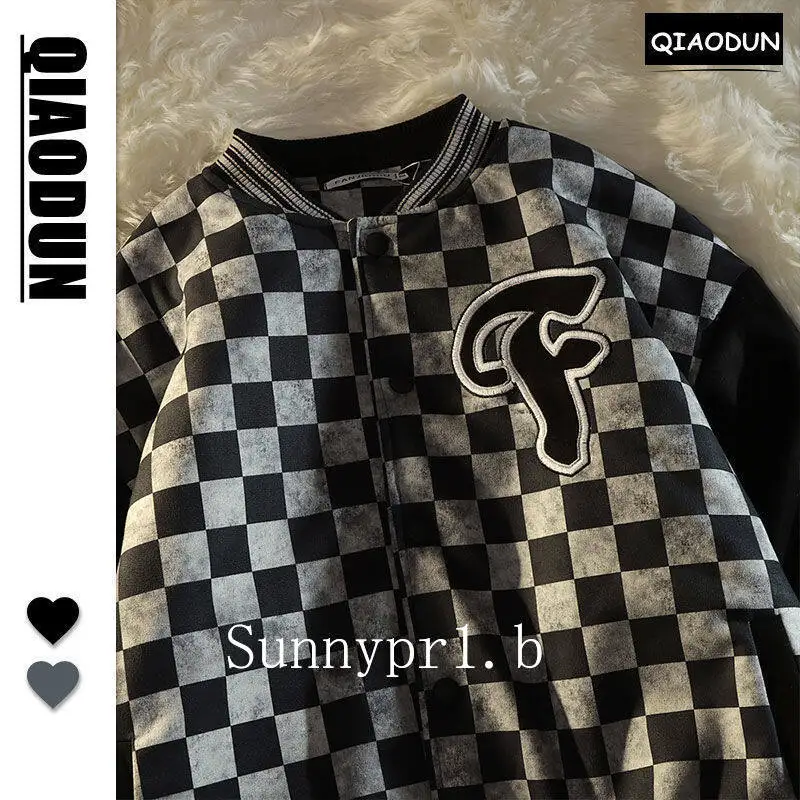 

Spring and Autumn Baseball Uniform Jacket Men's Plaid Embroidered Jacket