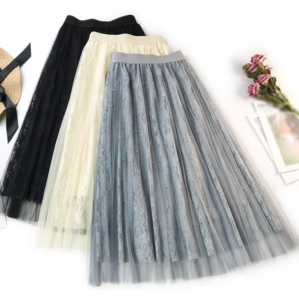 

Women's Skirt Tulle Mesh Skirts Evening Prom Midi Skirt Vintage Elastic Waist A-Lined Lace Pleated Trendy Skirts Vestido
