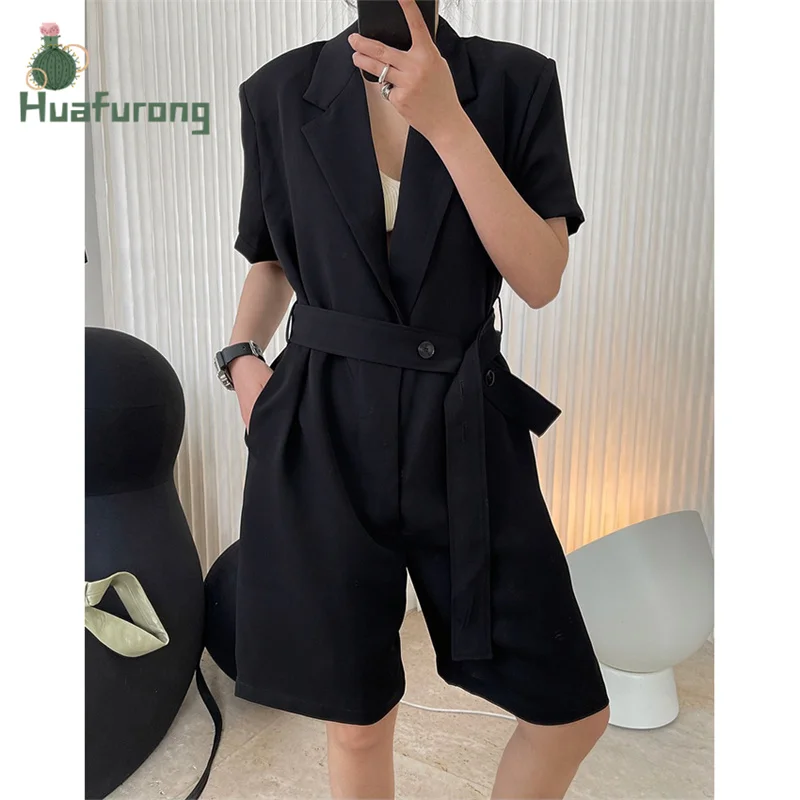 

Summer European Fashionable Simple Suit-style Pants Jumpsuit Turn-over Neck Belt Jumpsuit Wide-leg Crisp Loose Shorts Women