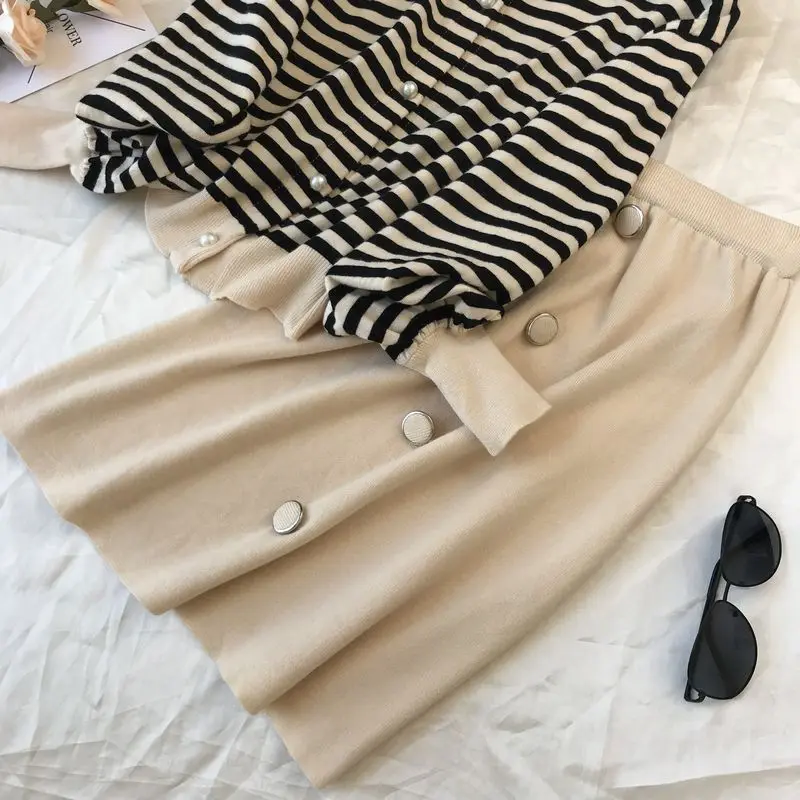 Neploe, маленький аромат, Chandal Mujer, винтажный, для взрослых, полосатый, вязаный, Женский комплект, Осень-зима, короткий кардиган+ широкие штаны, 46470