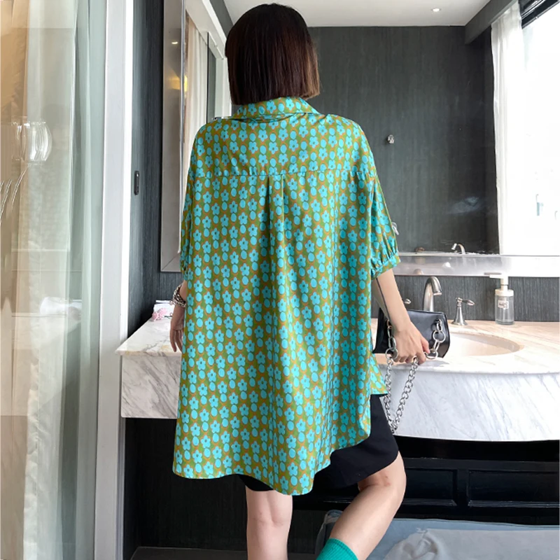 

Women Green Big Size Flower Print Blouse New Lapel Half Sleeve Loose Fit Shirt Fashion Tide Spring Summer 2021